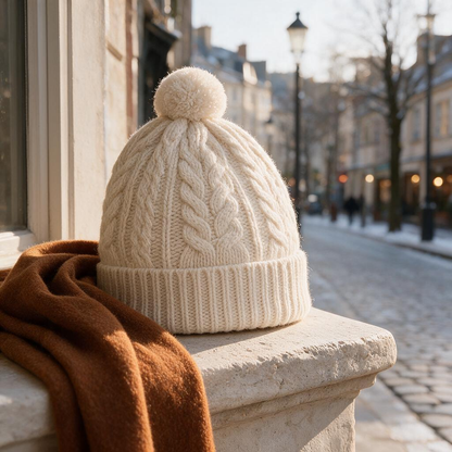 🧶 Cozy Beanie | Cable Knit | Winter Gift | Braided Pom-Pom