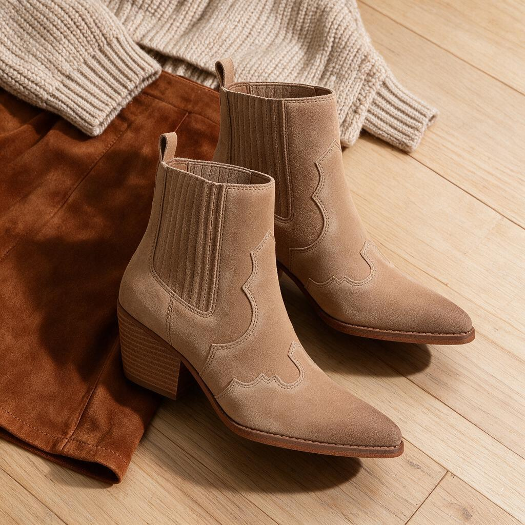 🤠 Western Ankle Boots | Suede-Look Finish | Cowgirl Style Statement