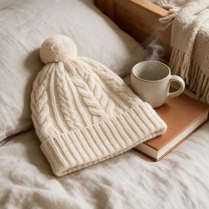 🧶 Cozy Beanie | Cable Knit | Winter Gift | Braided Pom-Pom